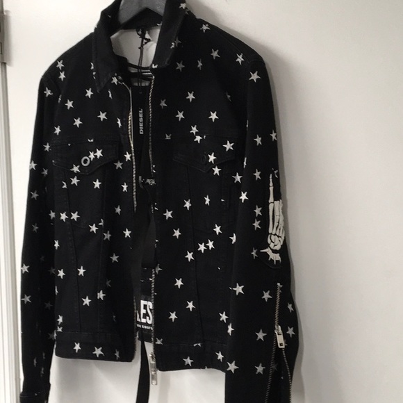 Diesel  Black Denim  Jachet, Embroidery White Stars  skull  open laced back - Picture 8 of 16